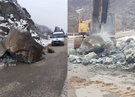 İri qaya parçası Gəncə-Daşkəsən yolunu düşdü - FOTO