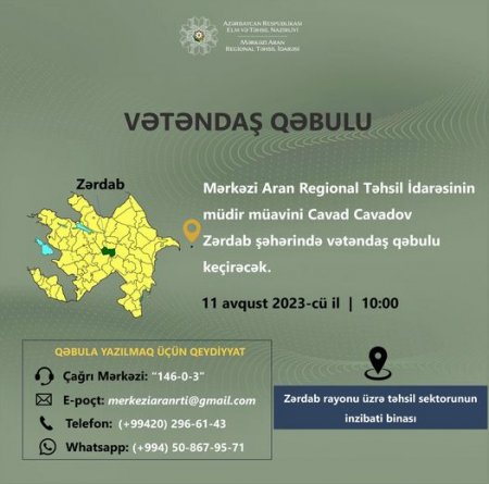 Müdir müavini Zərdabda vətəndaşları qəbul edəcək