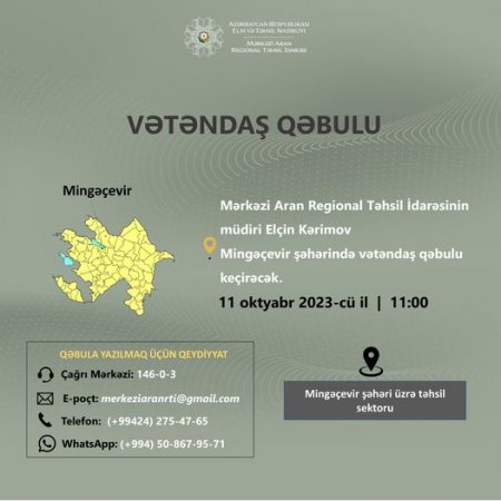 İdarə müdiri Mingəçevirdə vətəndaşları qəbul edəcək