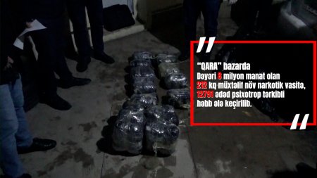“Qara” bazarda dəyəri 8 milyon manat olan 212 kiloqram narkotik vasitə və  12 min 791 ədəd psixotrop tərkibli həbi ələ keçirilib