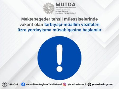 Məktəbəqədər təhsil müəssisələrində vakant olan tərbiyəçi-müəllim vəzifələri üzrə yerdəyişmə müsabiqəsinə başlanılır